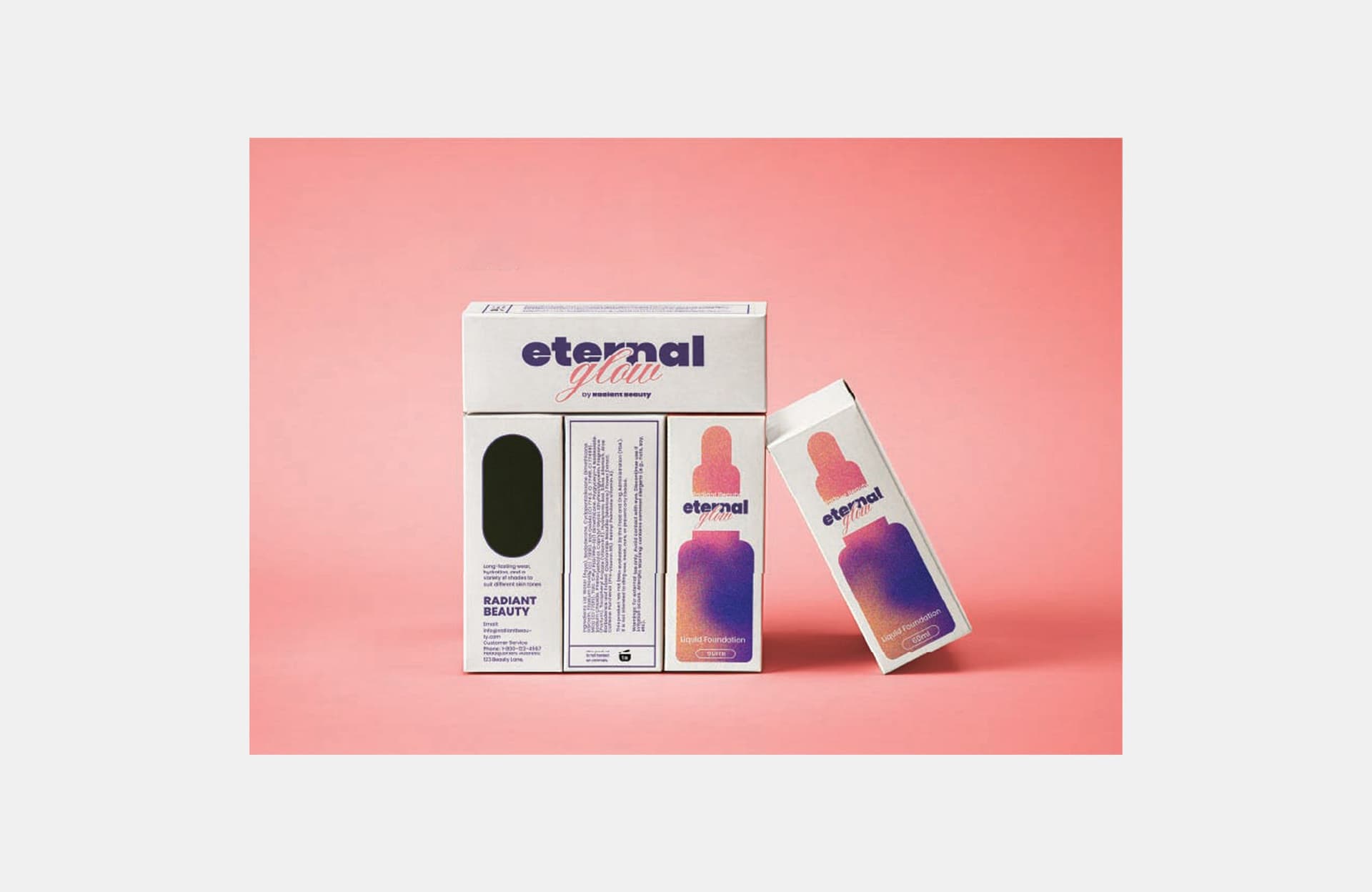 Eternal Glow is a liquid foundation designed for diverse skin tones and types, with branding that emphasizes beauty beyond the product. The objective was to create timeless, elegant, and minimal packaging that reflects modern beauty standards through a refined and cohesive visual identity.